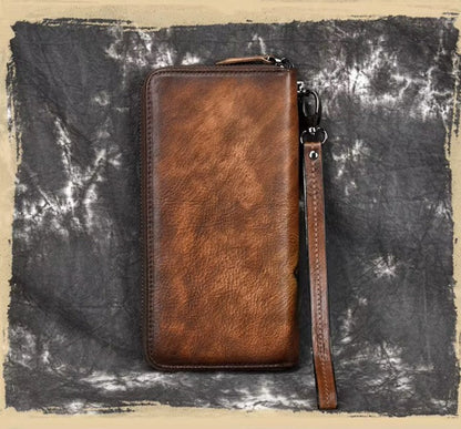 Billetera de cuero genuino larga con hoja labrada vintage