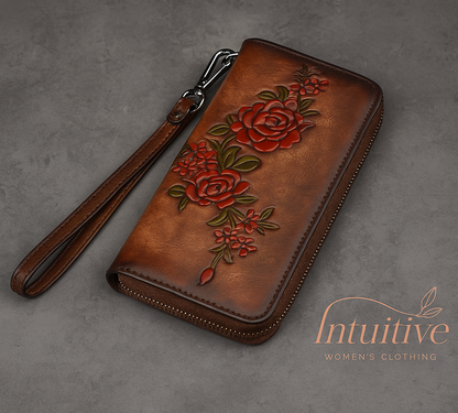 Billetera de cuero genuino larga diseño de flor en relieve