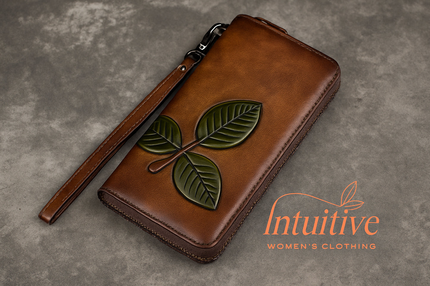 Billetera de cuero genuino larga con hoja labrada vintage