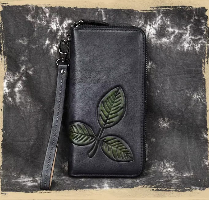 Billetera de cuero genuino larga con hoja labrada vintage
