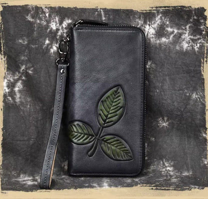 Billetera de cuero genuino larga con hoja labrada vintage