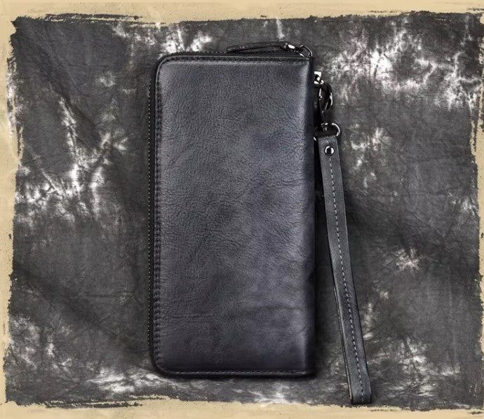 Billetera de cuero genuino larga con hoja labrada vintage