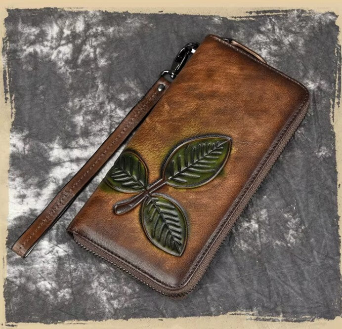 Billetera de cuero genuino larga con hoja labrada vintage