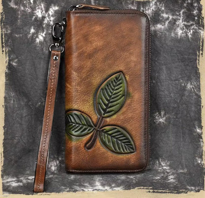 Billetera de cuero genuino larga con hoja labrada vintage