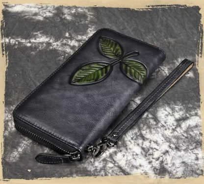 Billetera de cuero genuino larga con hoja labrada vintage