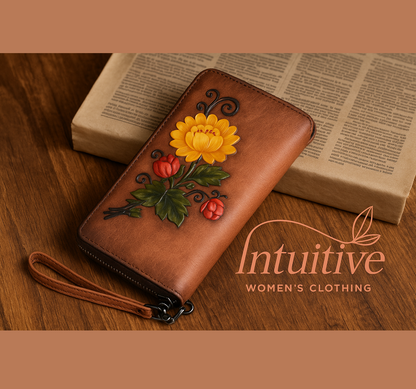 Billetera cuero Genuino diseño floreado grande vintage