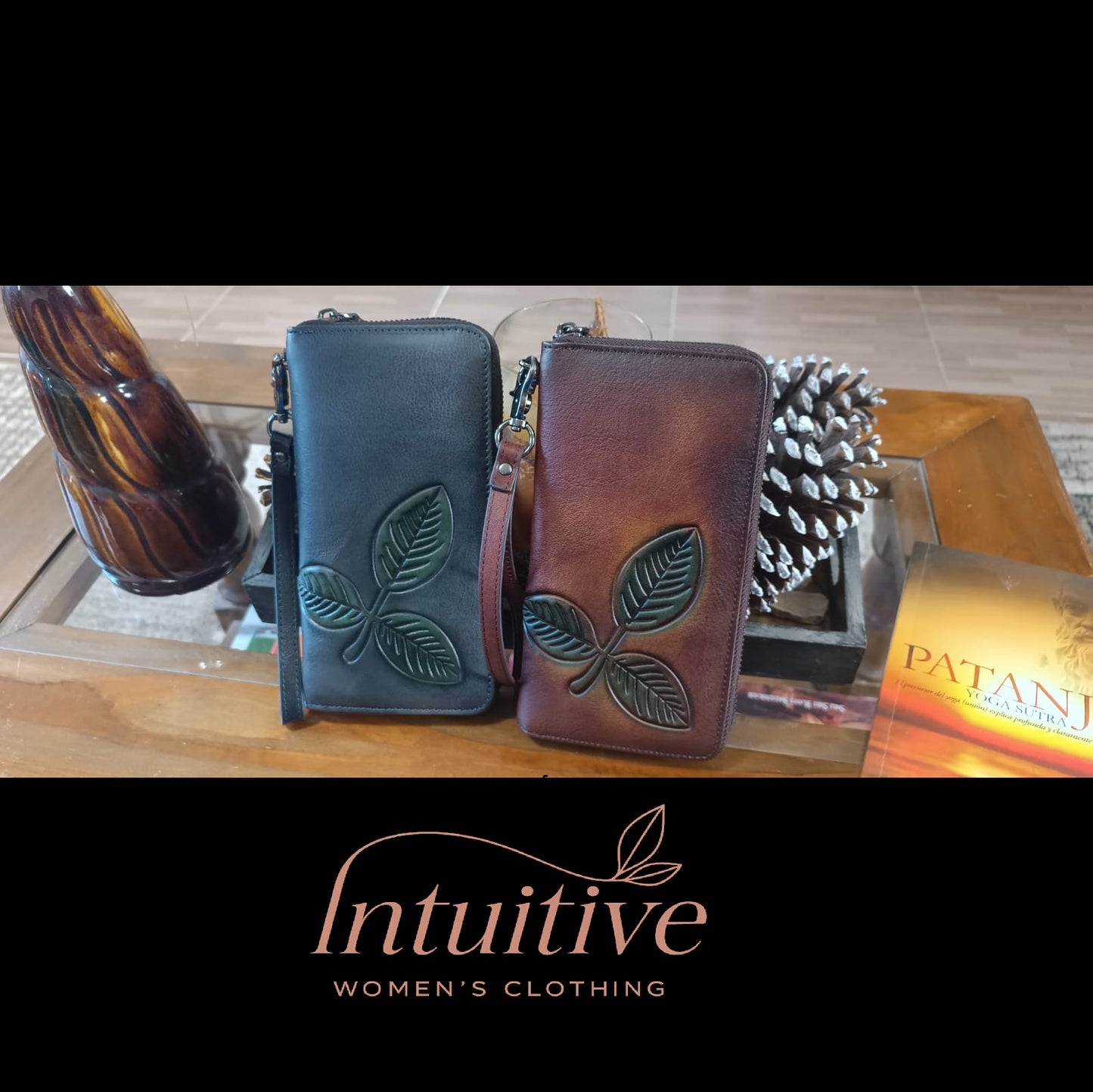 Billetera de cuero genuino larga con hoja labrada vintage