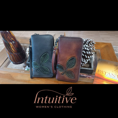 Billetera de cuero genuino larga con hoja labrada vintage