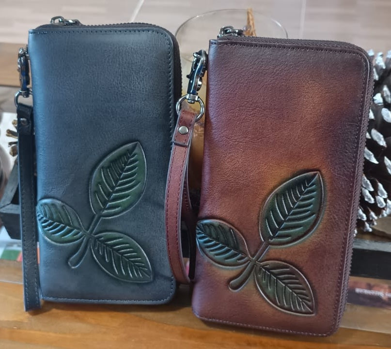 Billetera de cuero genuino larga con hoja labrada vintage