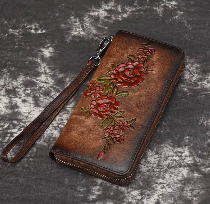 Billetera de cuero genuino larga diseño de flor en relieve