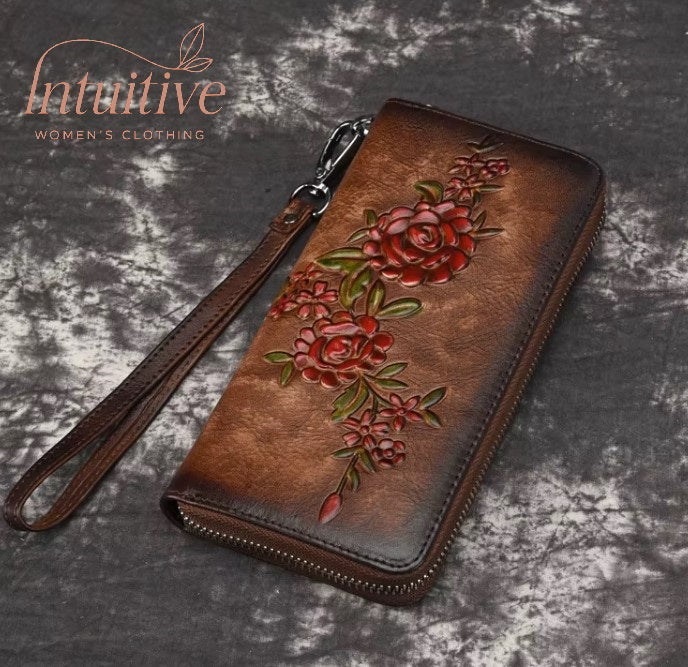 Billetera de cuero genuino larga diseño de flor en relieve