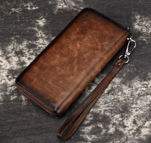 Billetera de cuero genuino larga diseño de flor en relieve