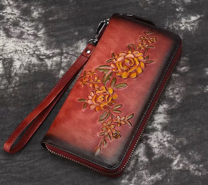 Billetera de cuero genuino larga diseño de flor en relieve
