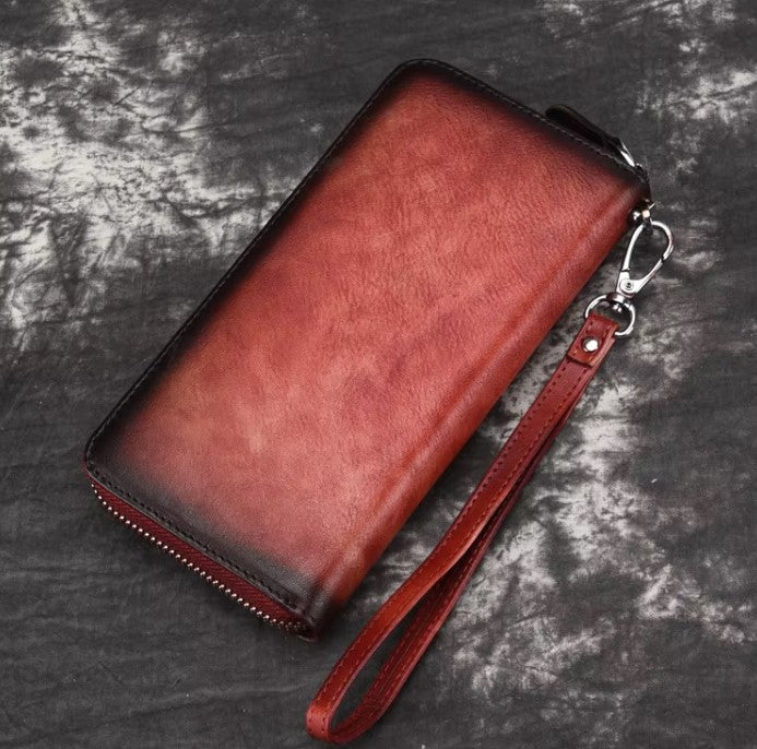 Billetera de cuero genuino larga diseño de flor en relieve