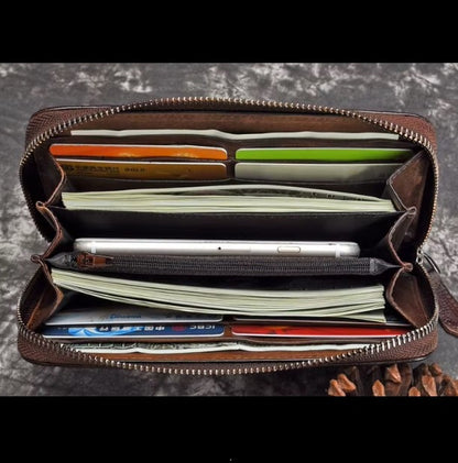 Billetera de cuero genuino larga diseño de flor en relieve