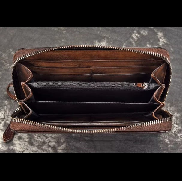 Billetera de cuero genuino larga diseño de flor en relieve