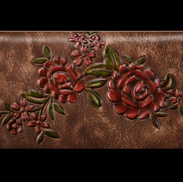 Billetera de cuero genuino larga diseño de flor en relieve