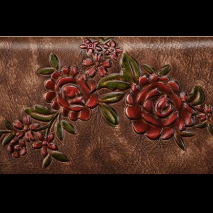 Billetera de cuero genuino larga diseño de flor en relieve