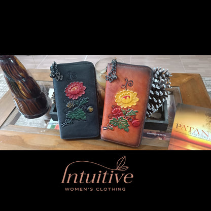 Billetera cuero Genuino diseño floreado grande vintage