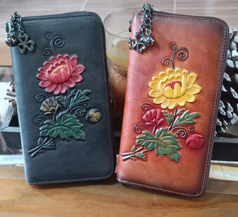 Billetera cuero Genuino diseño floreado grande vintage