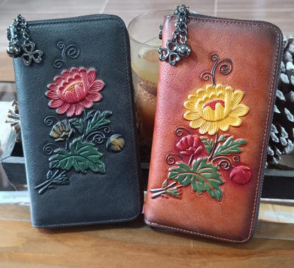 Billetera cuero Genuino diseño floreado grande vintage