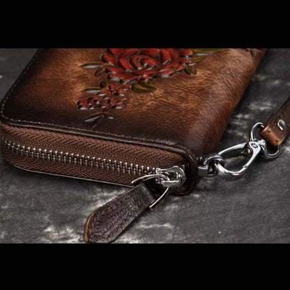 Billetera de cuero genuino larga diseño de flor en relieve