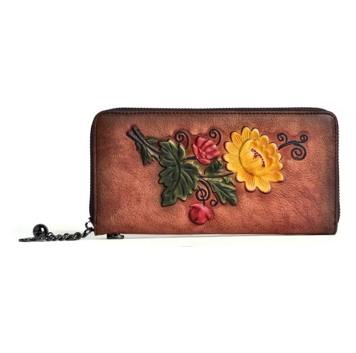 Billetera cuero Genuino diseño floreado grande vintage