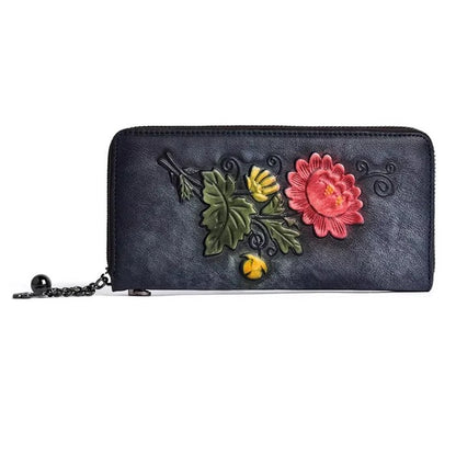 Billetera cuero Genuino diseño floreado grande vintage