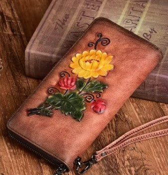 Billetera cuero Genuino diseño floreado grande vintage