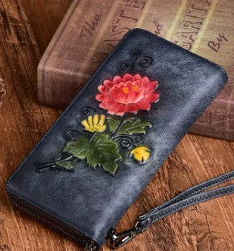 Billetera cuero Genuino diseño floreado grande vintage