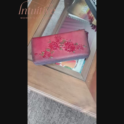 Billetera de cuero genuino larga diseño de flor en relieve