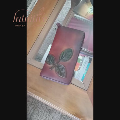 Billetera de cuero genuino larga con hoja labrada vintage